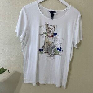Karen Scott XL Tee Shirt white Cotton Short Sleeve Dog w flower gardening